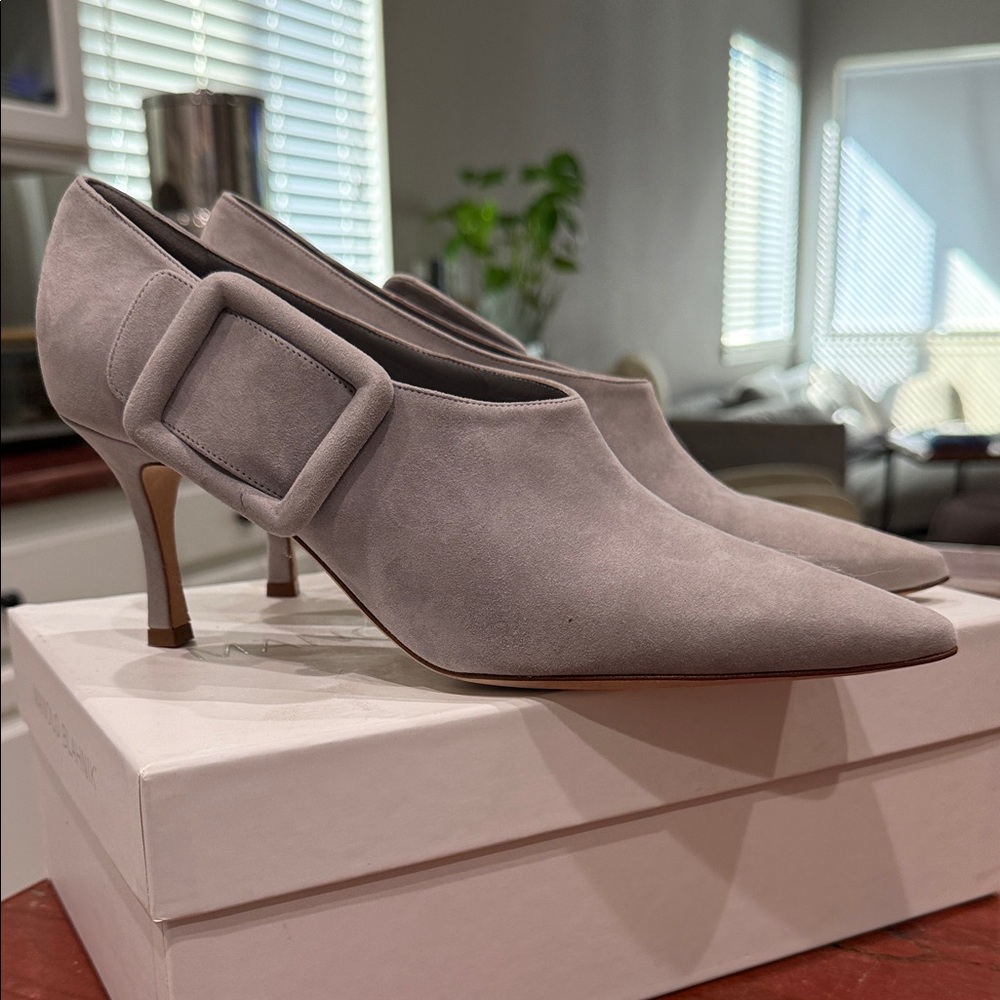 Manolo Blahnik Gray Suede Booties with Buckle 38 1/2 - brand new